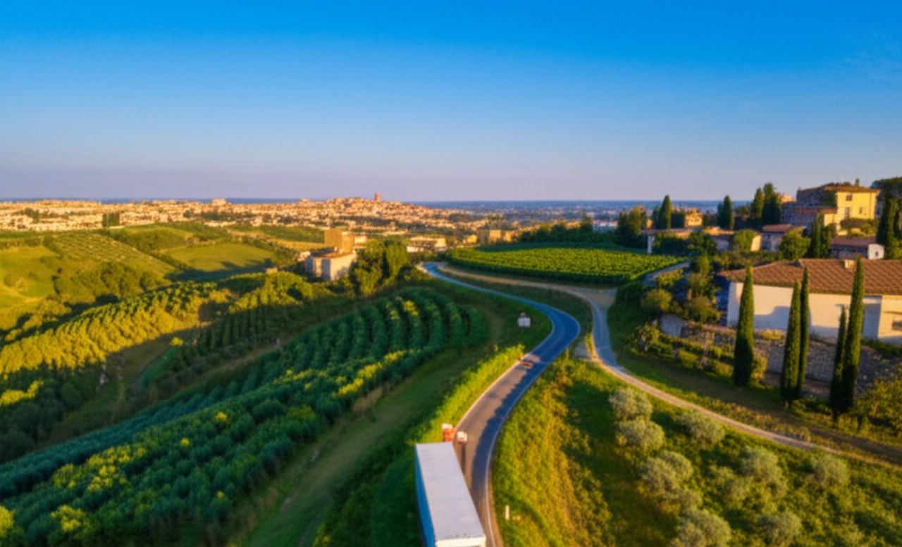 Hyperrealistic aerial view of a moving truck driving towards Prato through the Tuscan hills.