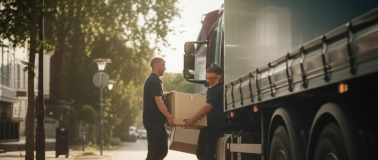 Deux déménageurs professionnels caucasiens chargent soigneusement une boîte dans un camion de déménagement moderne dans une rue européenne, avec une lumière dorée éclairant la scène. Image hyperréaliste.