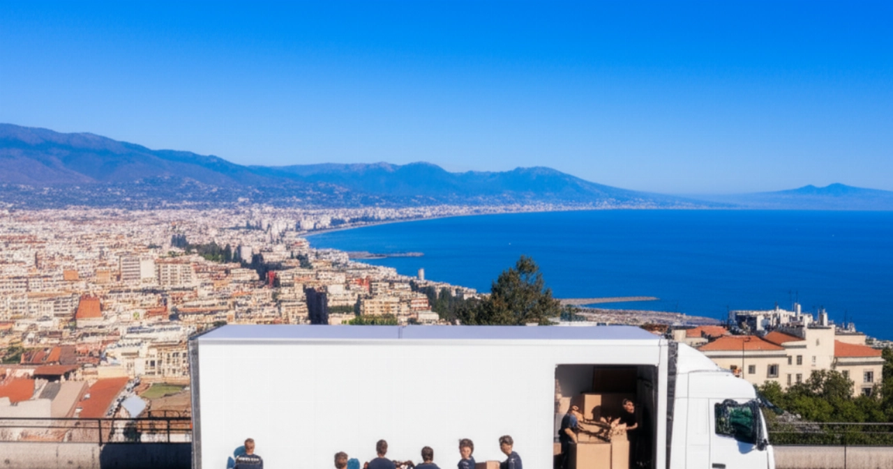 Hyperrealistic aerial view of an unbranded moving truck parked in Reggio Calabria, with the city and Strait of Messina in the background.