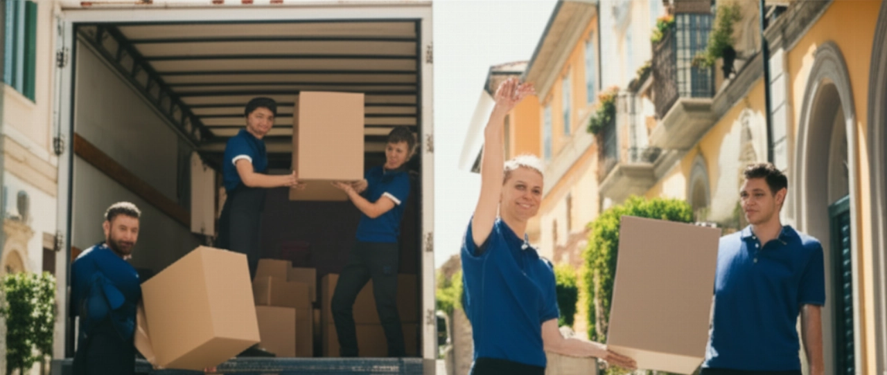 Squadra di traslocatori professionisti caucasici che caricano un furgone in una strada assolata di Rimini.