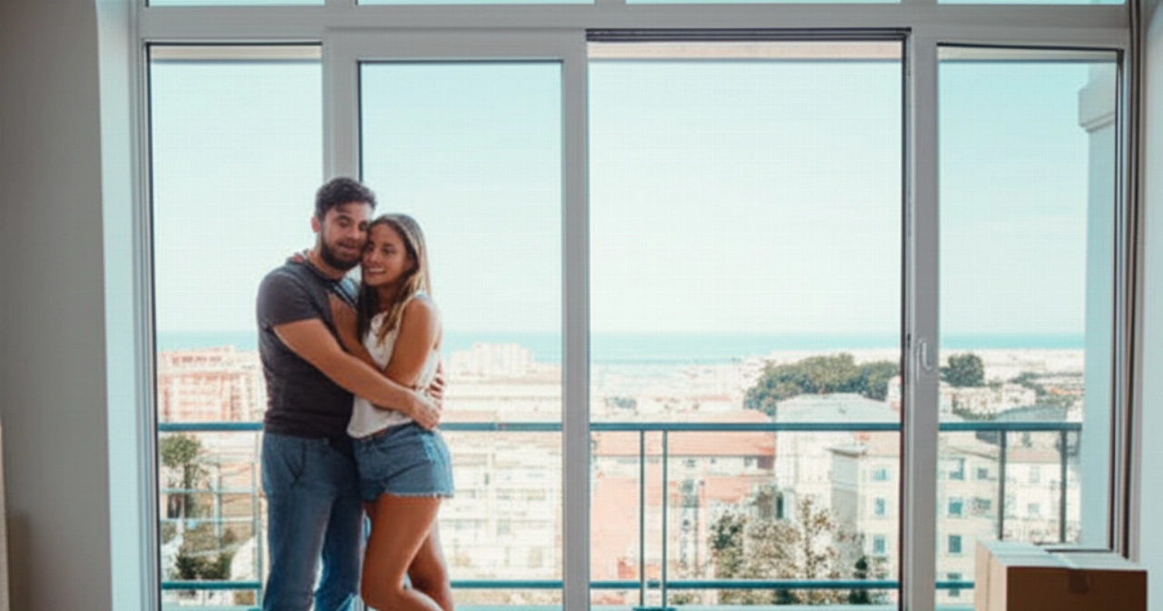 Coppia caucasica felice in un nuovo appartamento a Rimini con vista panoramica sul mare.