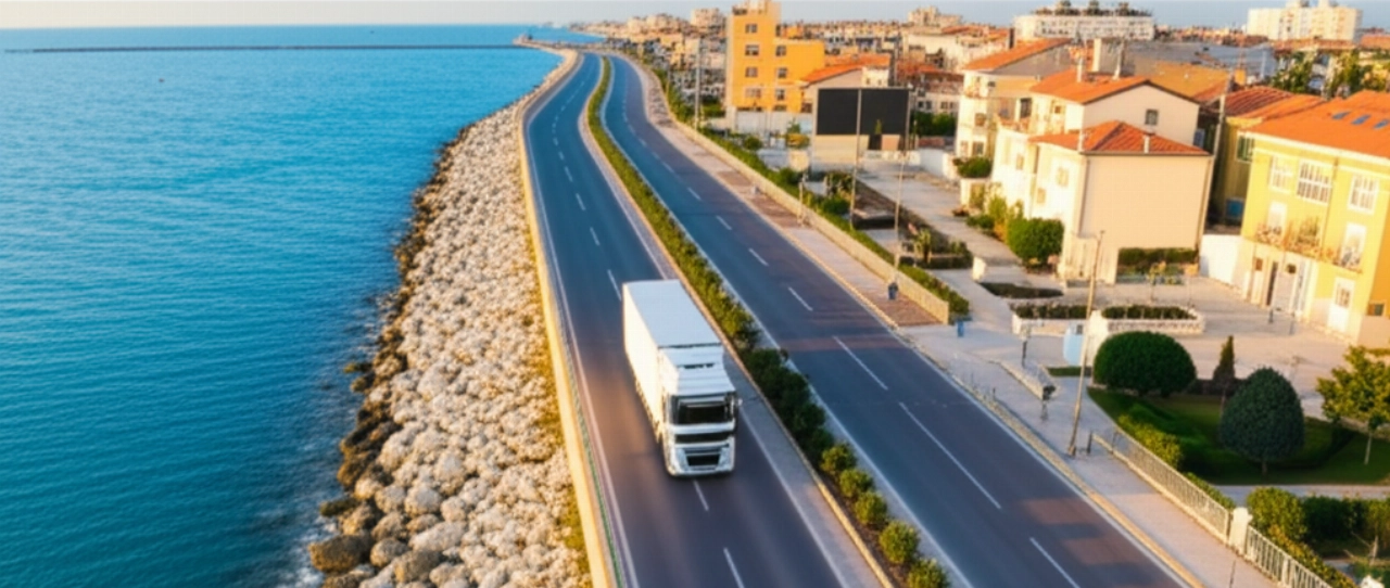 Vista aerea iperrealistica di un camion di traslochi su una strada costiera panoramica di Rimini.
