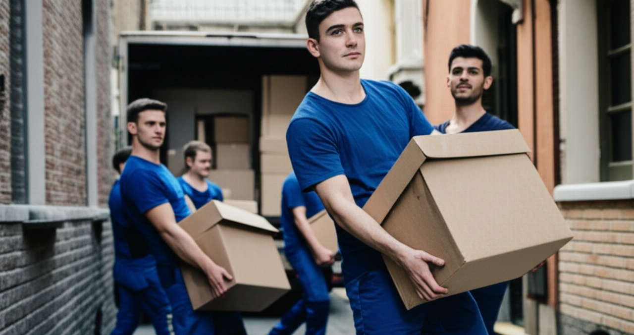 Hyperrealistic image of professional Caucasian movers carefully loading boxes and furniture onto a moving truck in front of a traditional Italian townhouse, emphasizing efficiency and care.