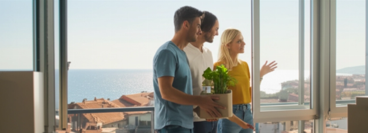 Pareja caucásica feliz en un nuevo apartamento en Savona, disfrutando de una vista panorámica del mar y la ciudad.