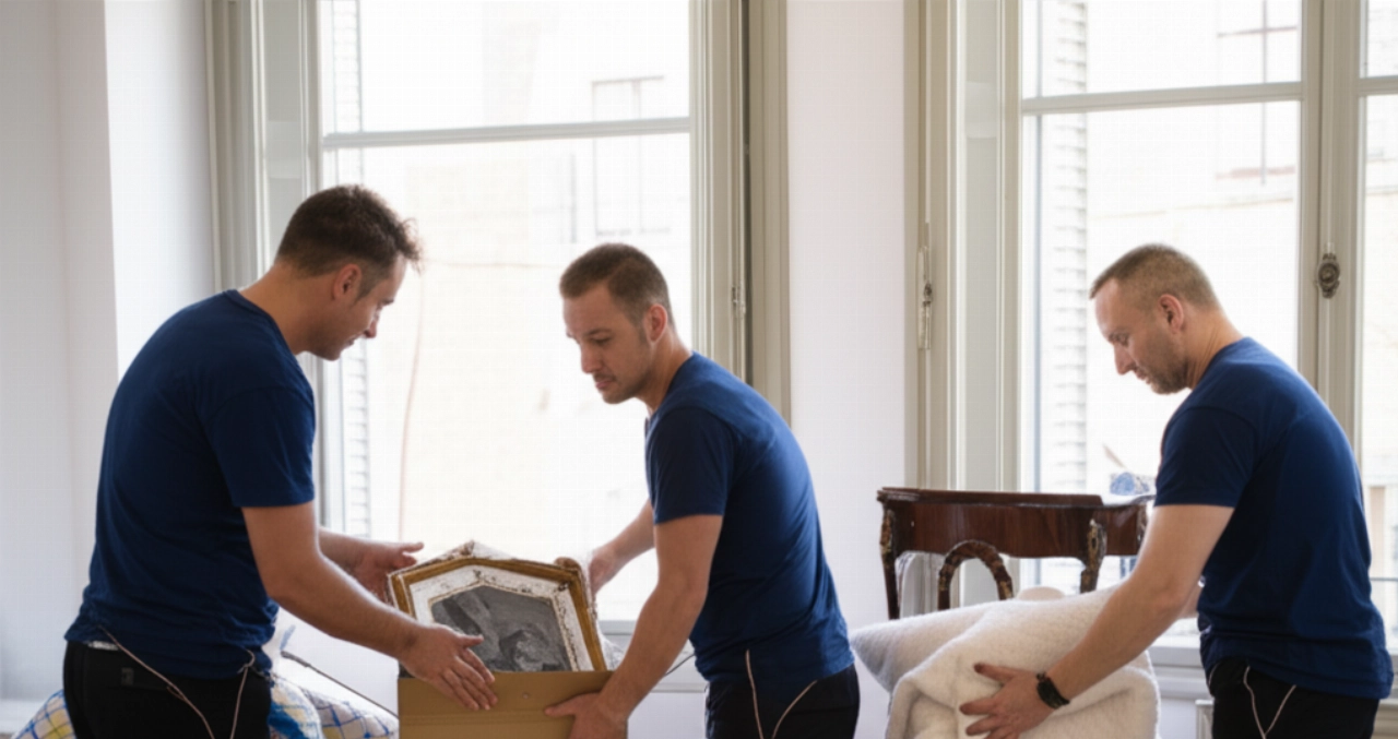 Caucasian professional movers carefully packing delicate items inside an elegant apartment in Siena, with Tuscan architectural elements visible.