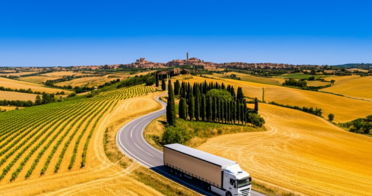 Aerial view of a moving truck driving on a road in the Tuscan countryside, with the city of Siena visible in the distance.