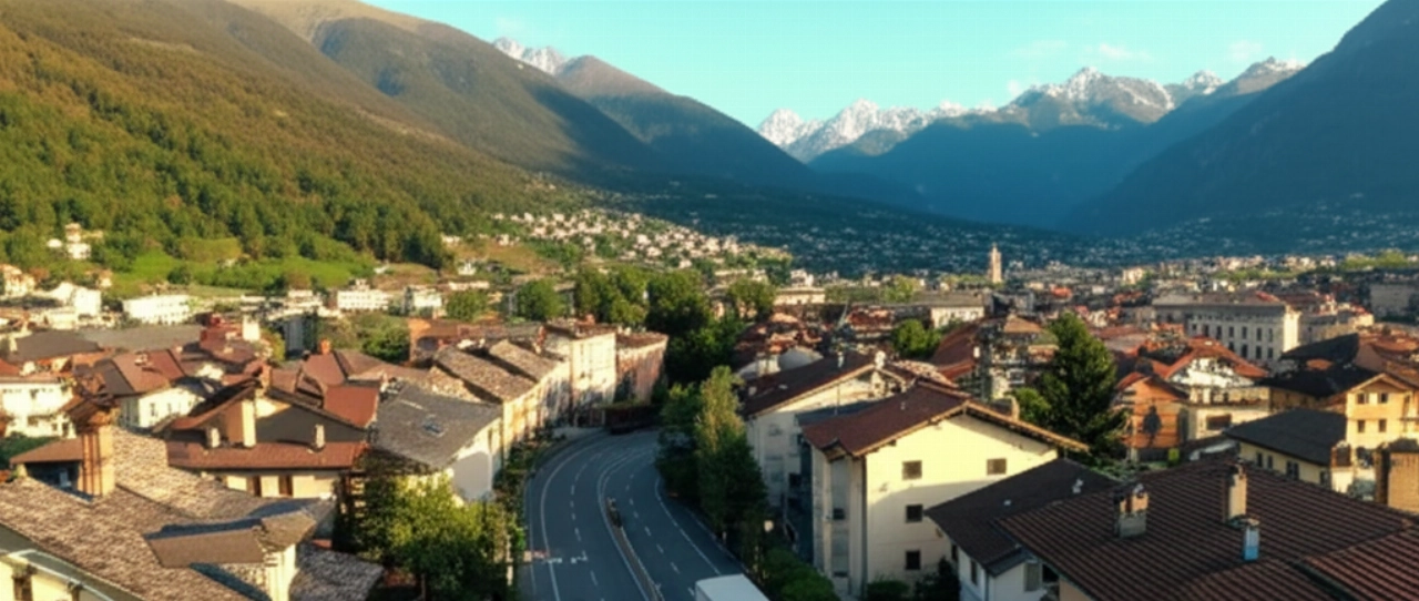 Vue aérienne hyperréaliste d'un camion de déménagement traversant la ville de Sondrio, entourée par les montagnes de la Valtellina.