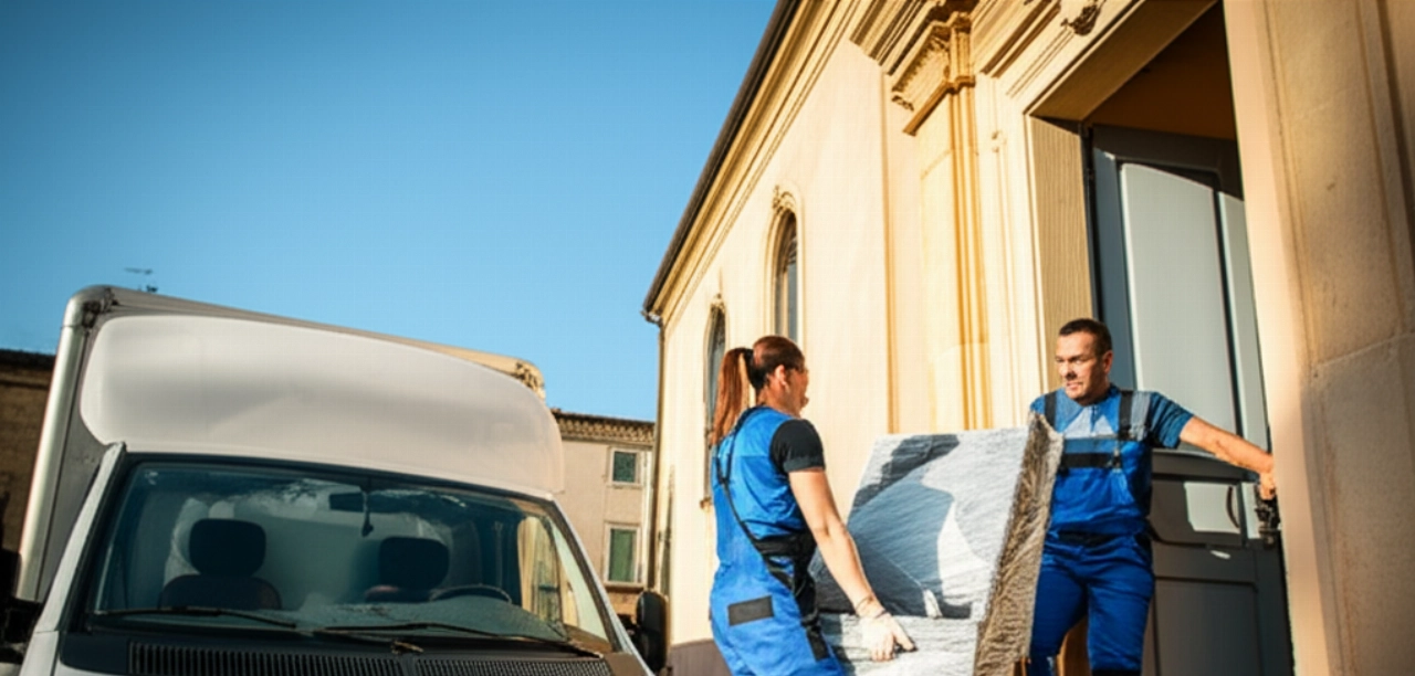Mudanzas profesionales caucásicas cargan muebles en un camión en una calle soleada de Terni.