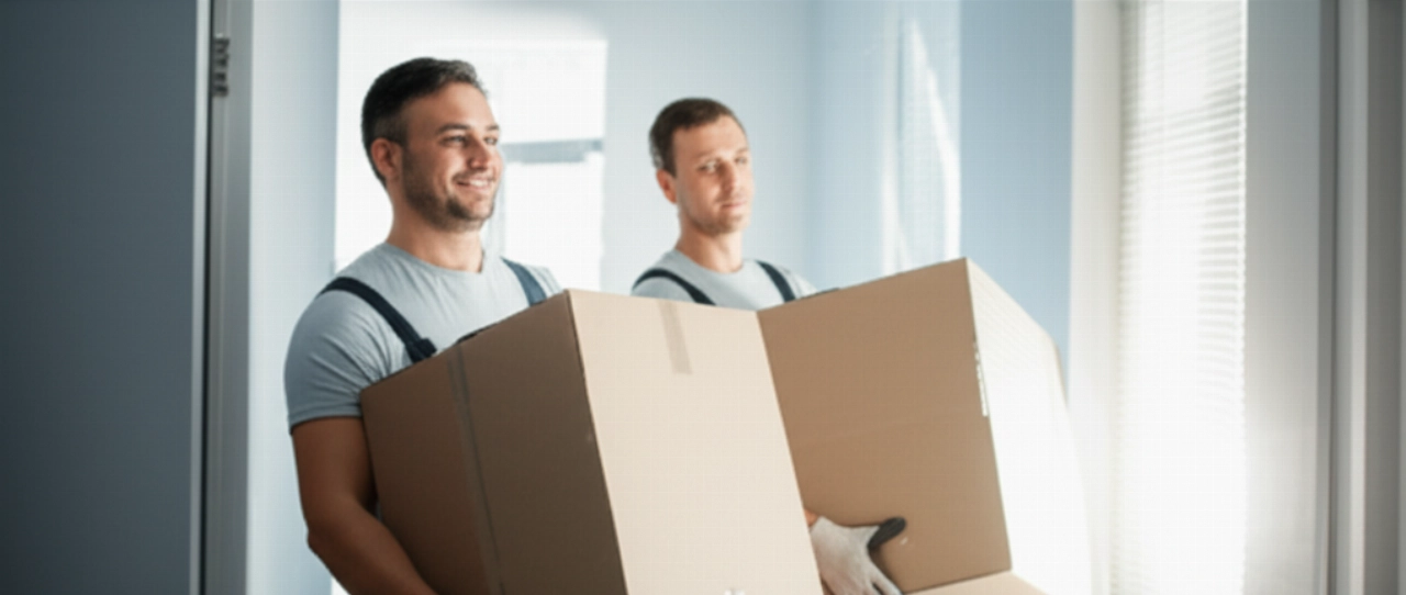 Two Caucasian professional movers carefully carrying a box in a brightly lit hallway, symbolizing efficient and careful moving services in Trapani.