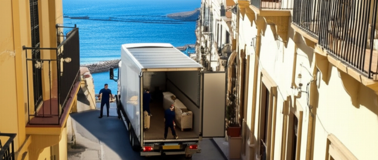 Hyperrealistic aerial view of a modern moving truck parked on a street in Trapani, with the sea in the background, showcasing logistical efficiency.