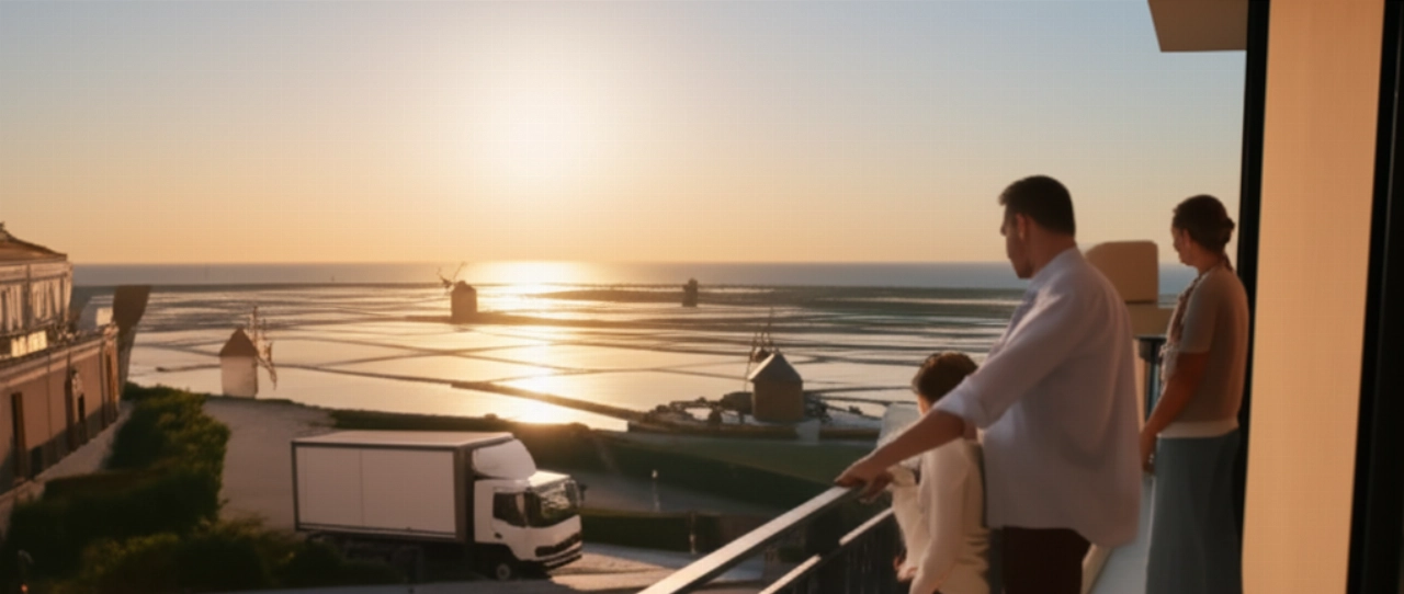 Happy Caucasian family on a balcony, with a panoramic aerial view of Trapani at sunset, symbolizing a successful move and new beginnings.