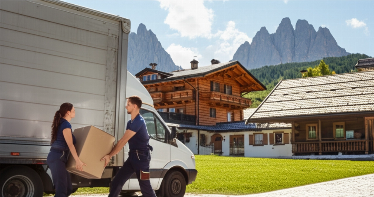 Déménagement professionnel dans le Trentin-Haut-Adige : un camion moderne garé devant un chalet alpin avec les Dolomites en arrière-plan, tandis que deux déménageurs chargent des cartons.