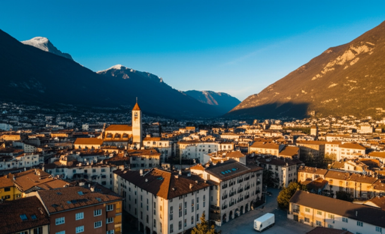 Vista aerea iperrealistica di Trento con le Dolomiti e un camion di traslochi in lontananza.