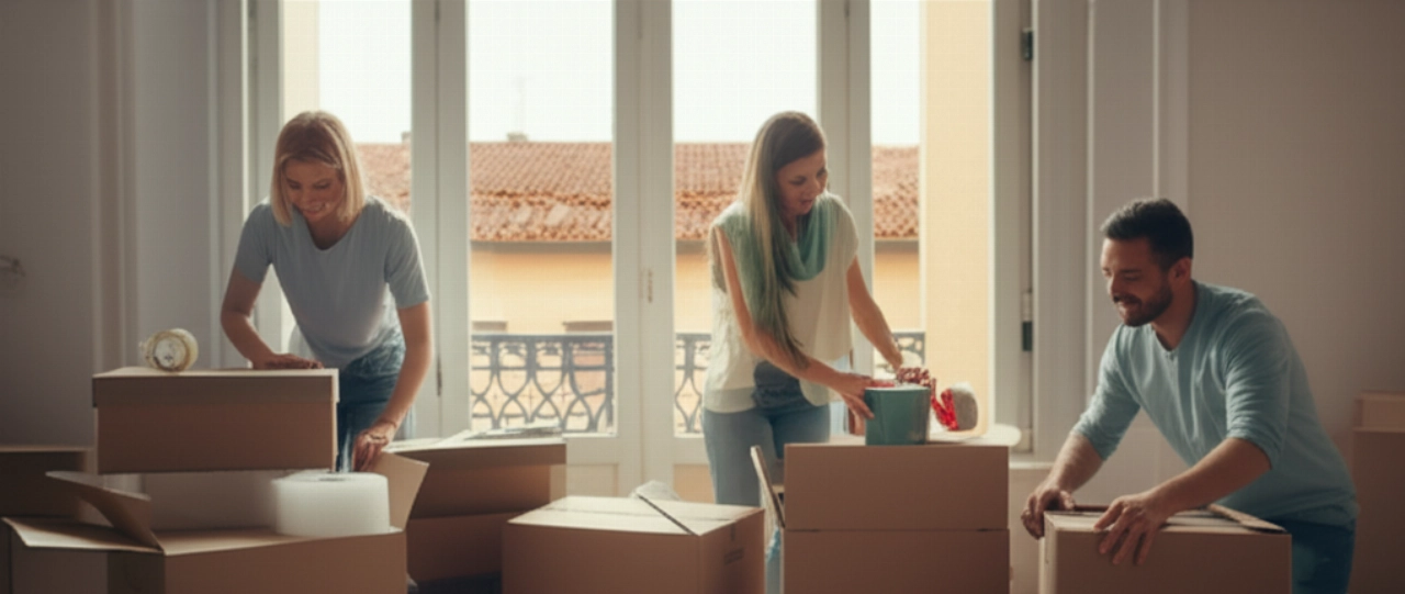 Smiling Caucasian couple carefully packing moving boxes in a bright Treviso apartment, with a view of the city's rooftops.