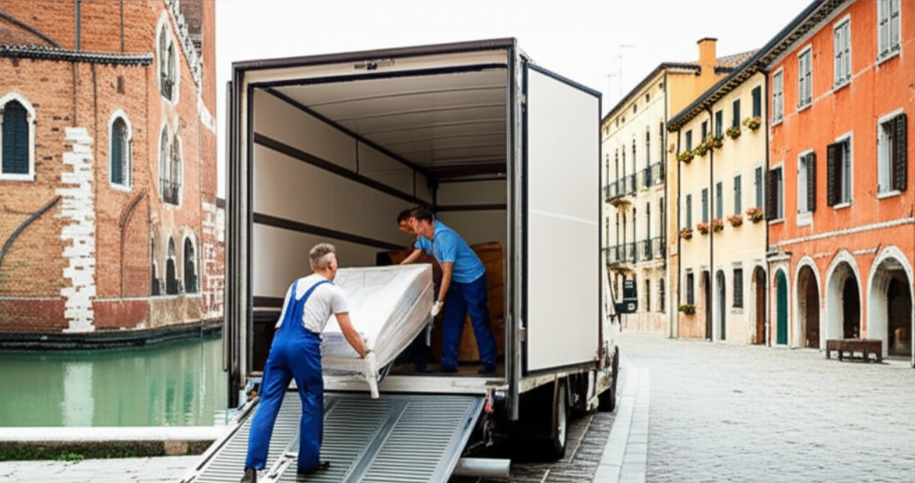 Modern moving truck parked on a cobblestone street in Treviso, with Caucasian movers loading furniture and a historic canal in the background.