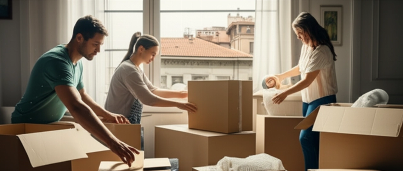 Kaukasische Familie packt Umzugskartons in einem hellen Wohnzimmer, mit Blick auf Udine aus dem Fenster, während eines Umzugs.
