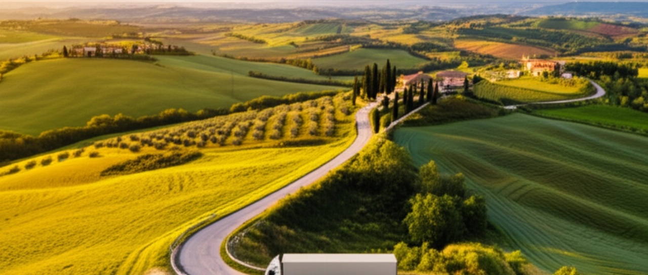 Vista aerea iperrealistica di un camion per traslochi su una strada panoramica attraverso le dolci colline umbre al tramonto.