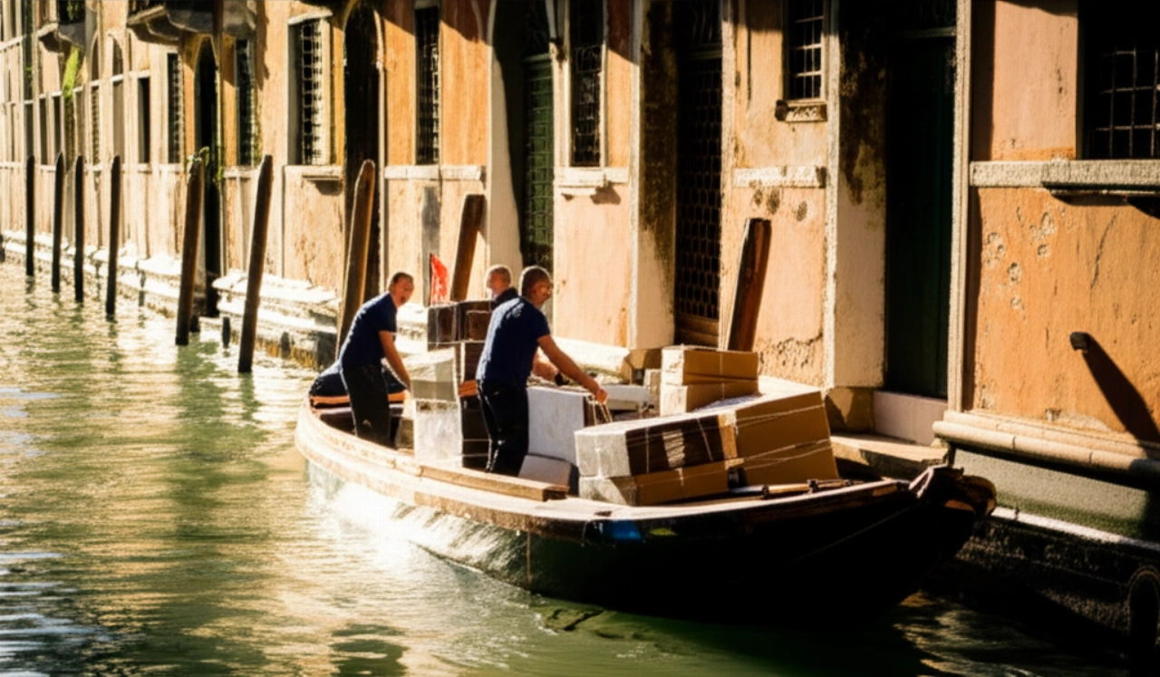 Venetian motobarca loaded with furniture navigating a canal at sunset, with two Caucasian movers onboard.