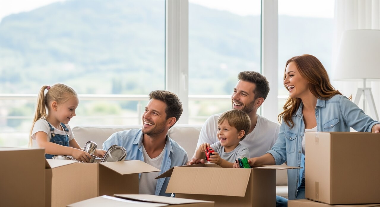 Smiling family in a new home in Varese with moving boxes