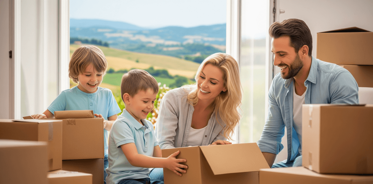 Happy family entering a new home in Frosinone after a move