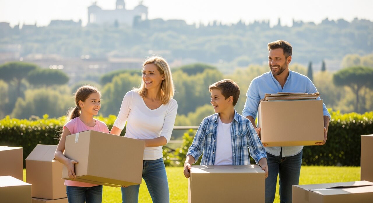 Glückliche Familie zieht nach einem Umzug in ein neues Haus im Latium ein