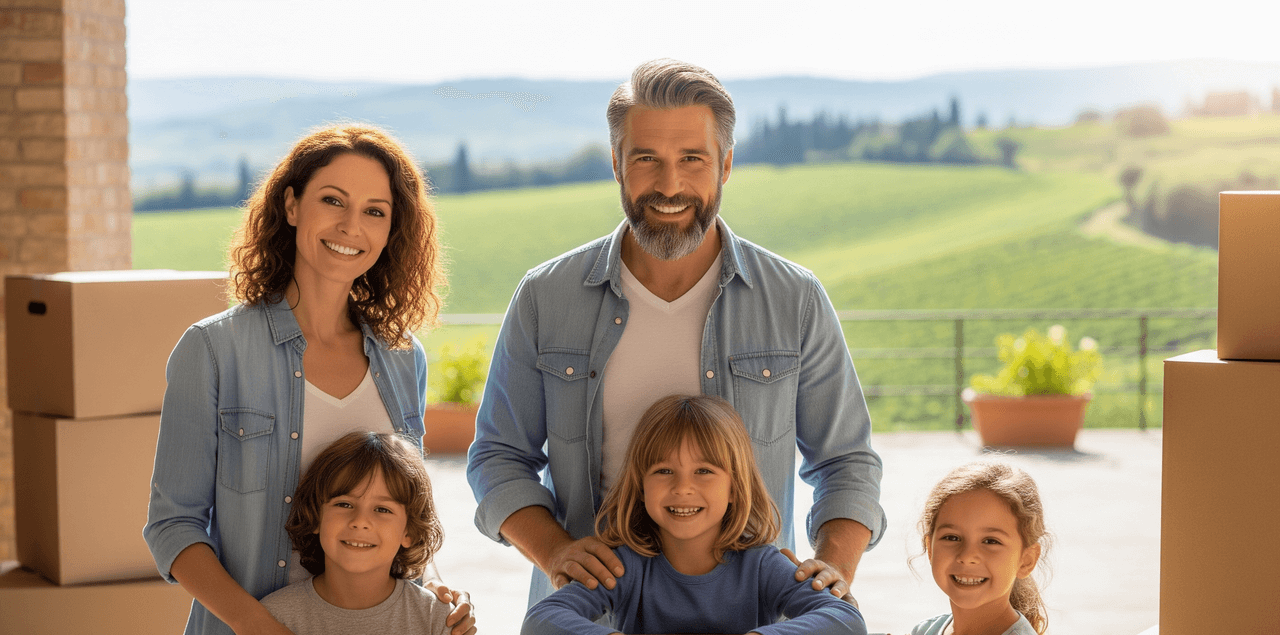 Happy family entering a new home in Viterbo after a move