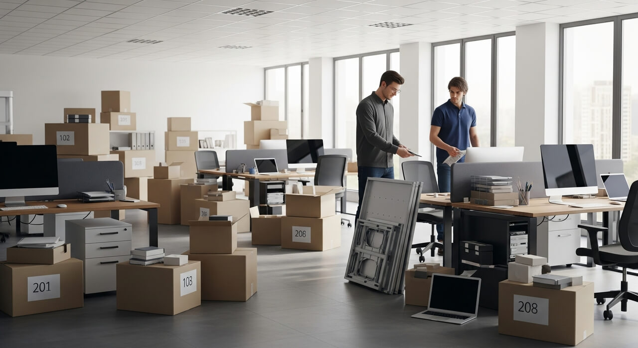 Büro im Umzug im Latium mit Kartons und IT-Ausrüstung