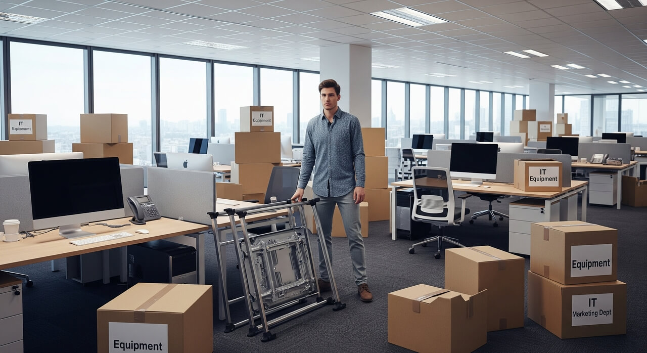 Modernes Büro im Umzug in der Lombardei mit Kartons und IT-Ausrüstung