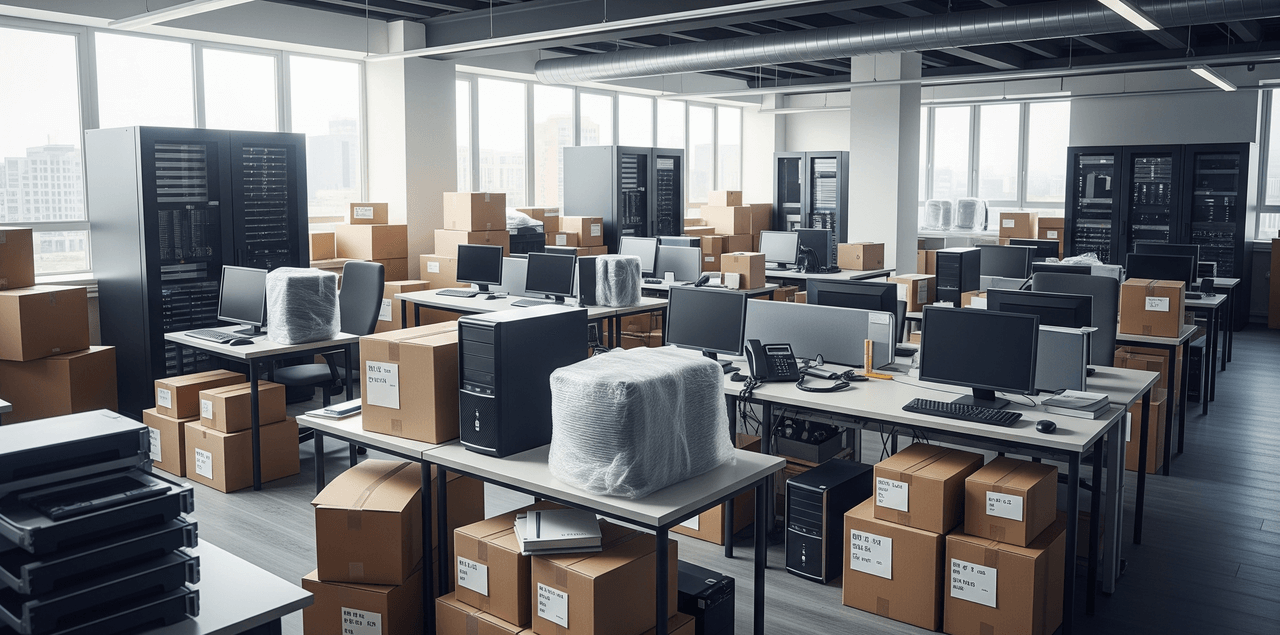 Déménagement d'un bureau à Rieti, avec du matériel informatique emballé