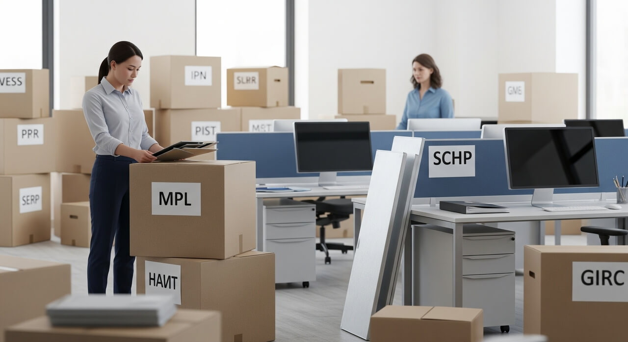 Office being moved in Varese with boxes and IT equipment