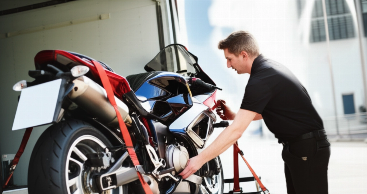 Ein kaukasischer Profi sichert sorgfältig ein hochwertiges Sportmotorrad auf einem spezialisierten Transportfahrzeug.